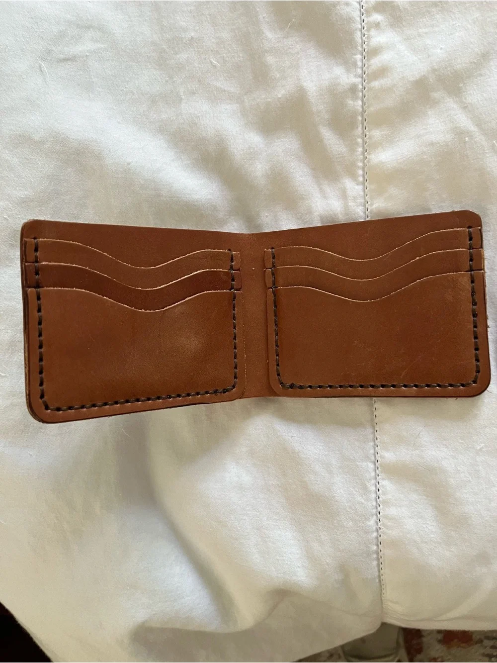 Hand-stitched Tan Leather Money Clip Wallet with Subtle Monogram